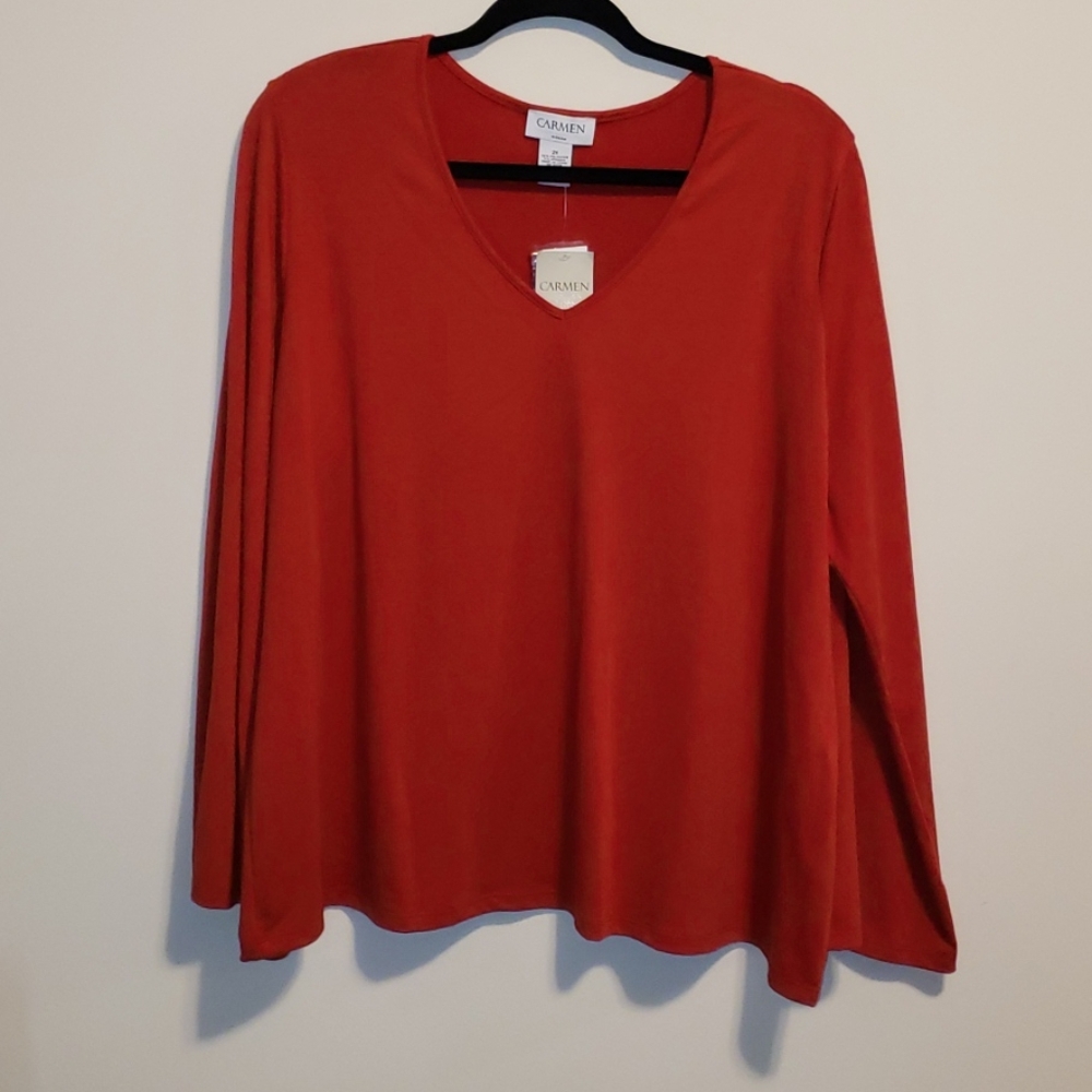 Red Carmen Marc Valvo top with flounce sleeve